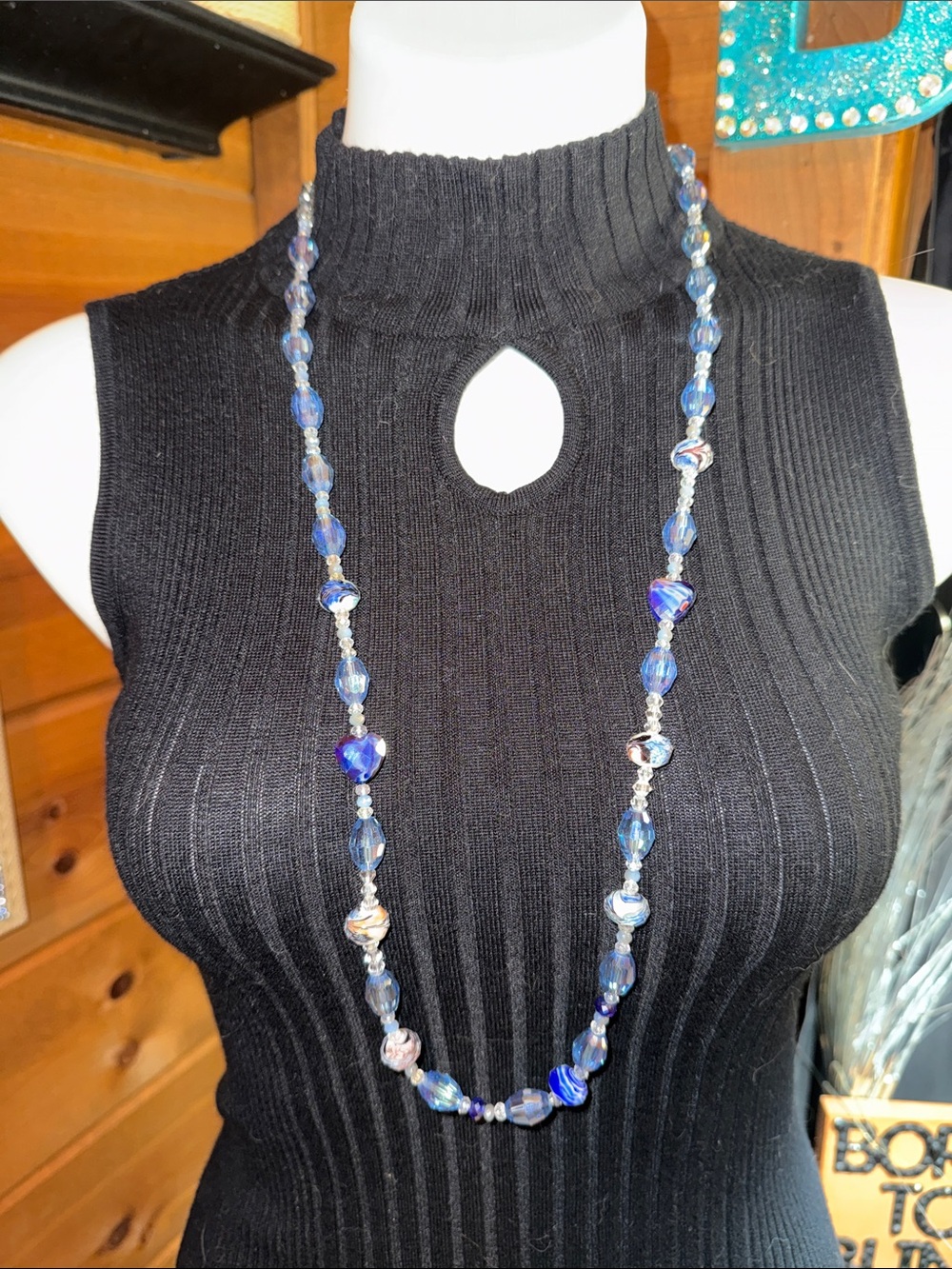 Handcrafted Blue Glass Bead Necklace - Unbranded